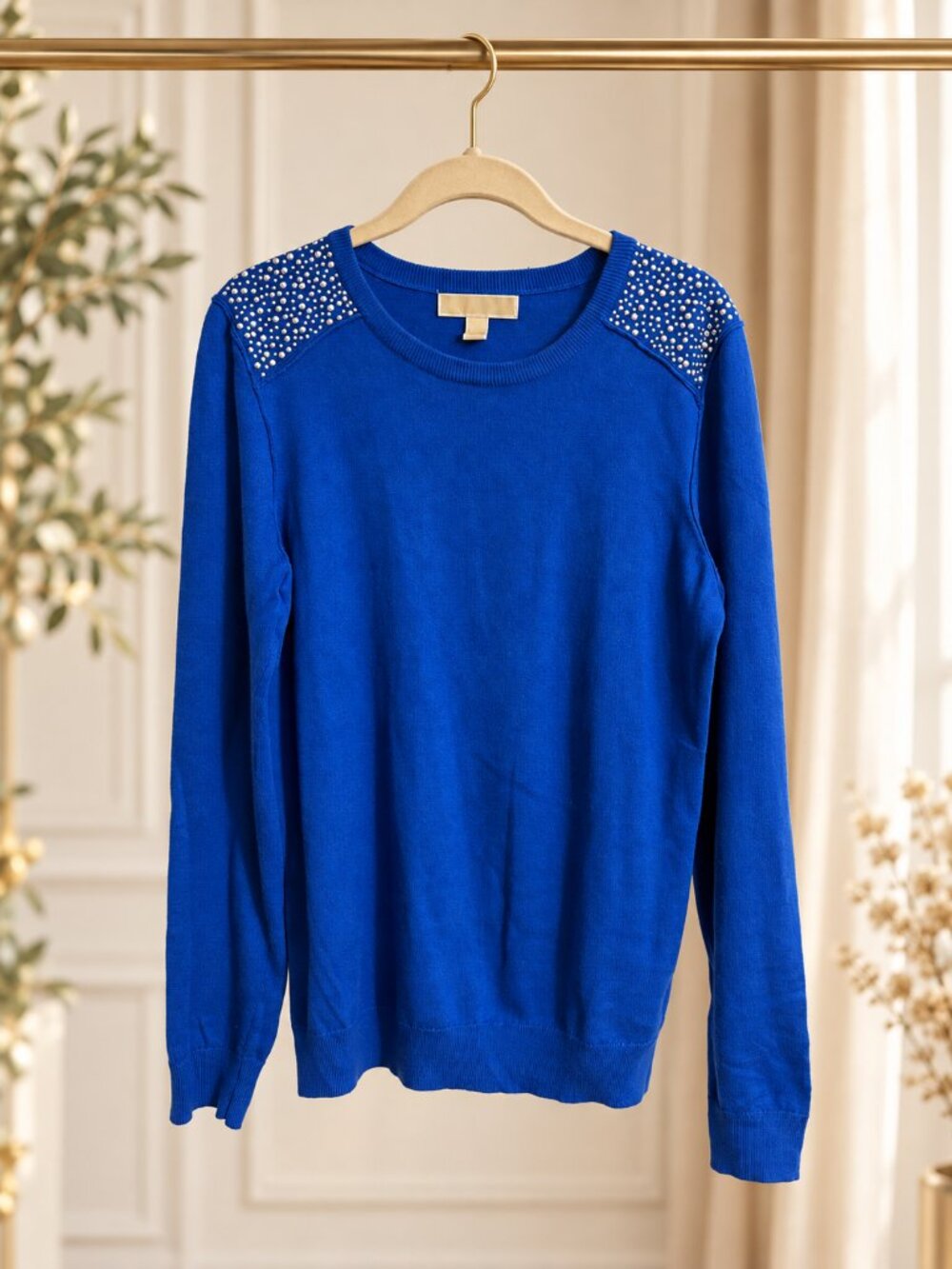MICHAEL Michael Kors Amalfi Royal Blue Studded Shoulder Sweater L
